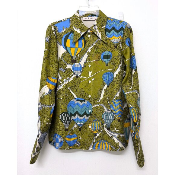 Tory Burch Hot Air Balloons in the Sky Field Print Silk Shirt Top Green Trees 4 - Picture 2 of 14